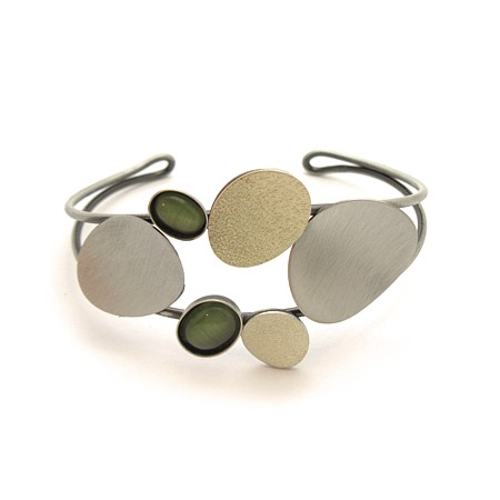 Olive Green Textured Circles 2-Tone Cuff Bracelet - Click Image to Close